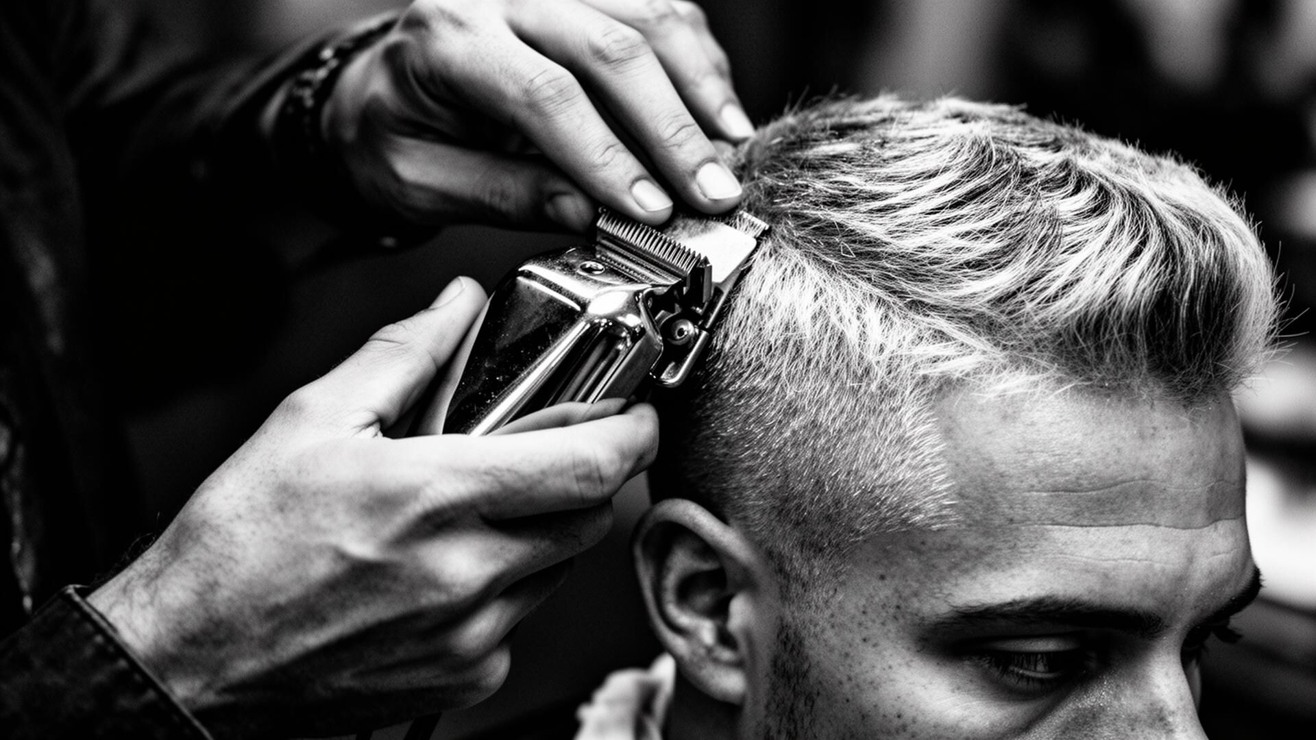 A barber's hands working with vintage clippers