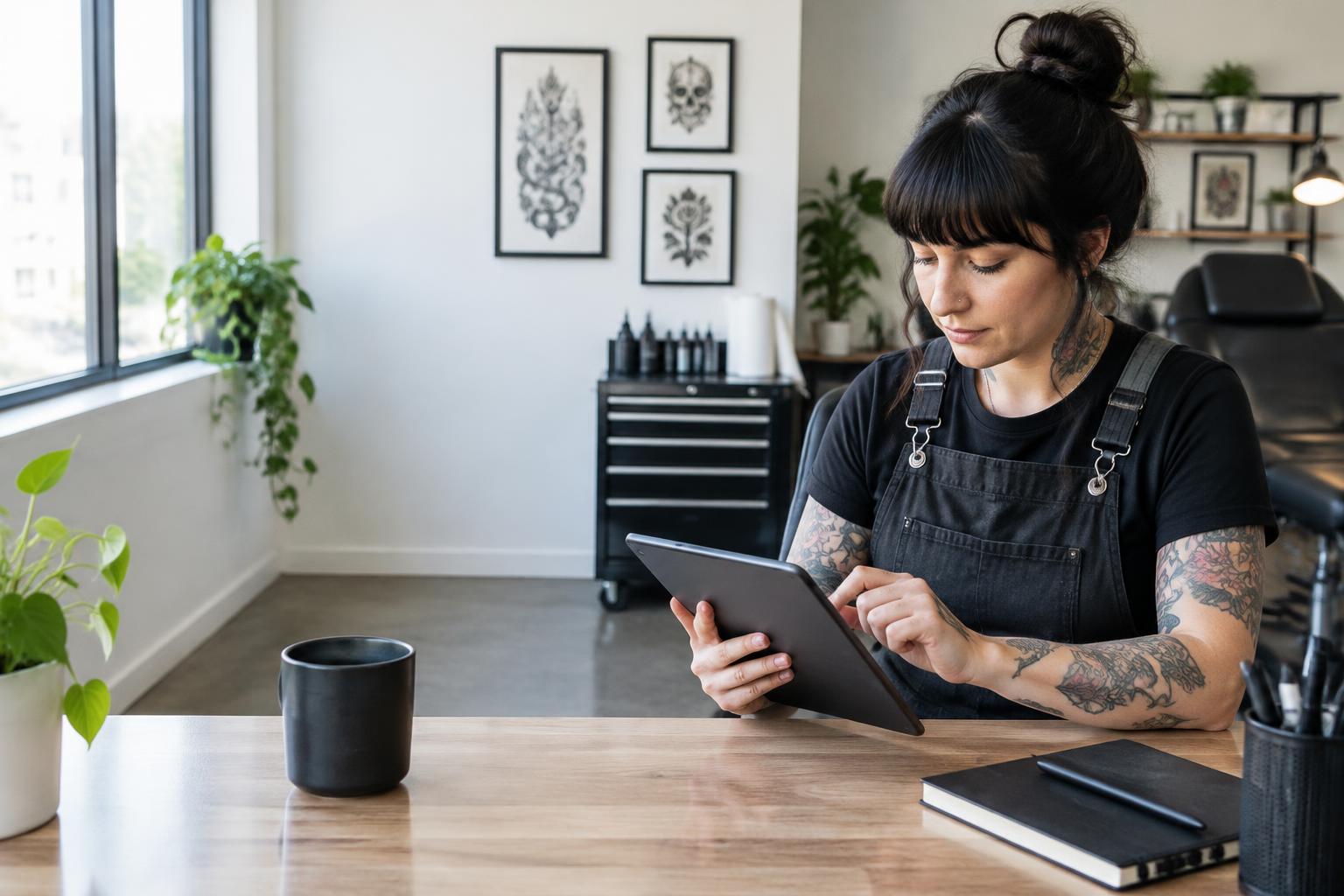 A salon owner checking a full booking calendar on a laptop