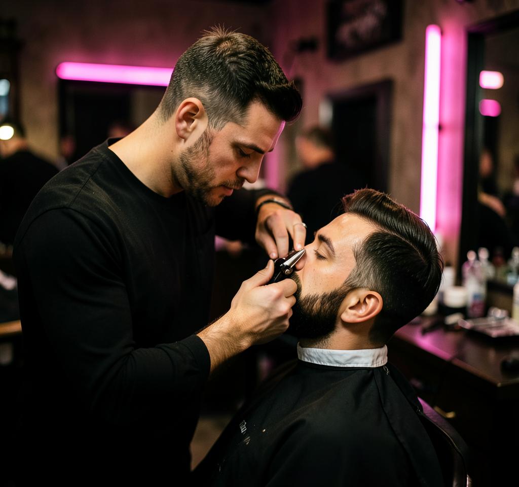 Barber giving a customer a skin fade in a barber shop that takes online bookings