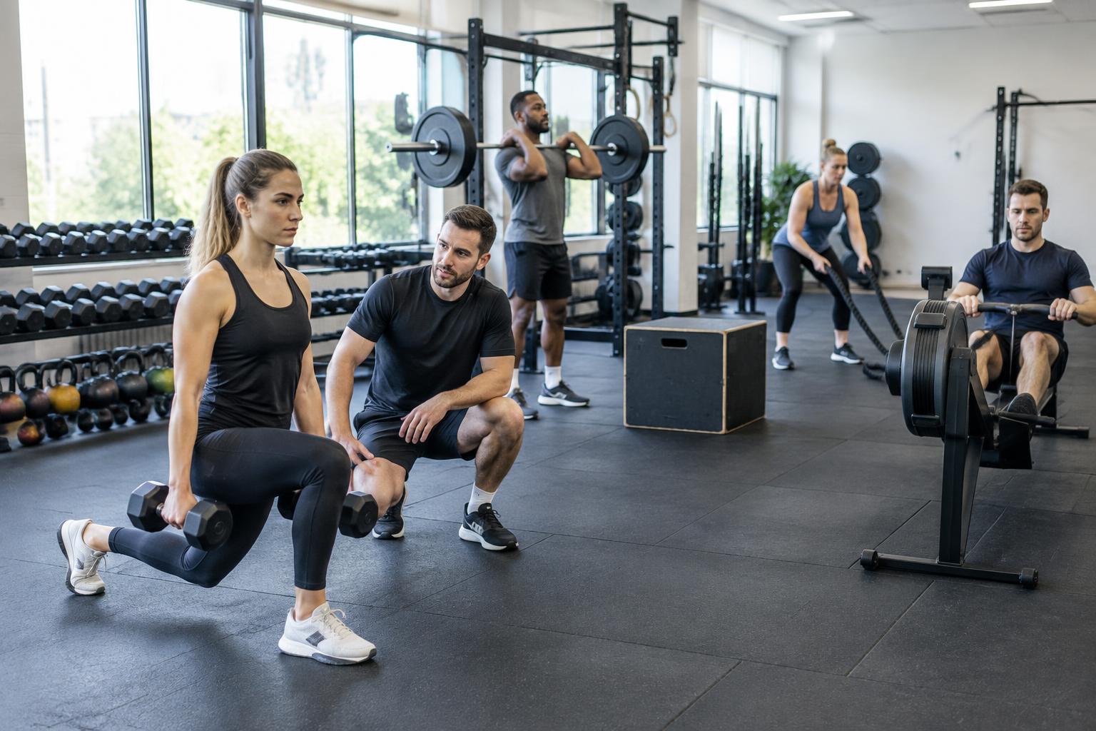 Members training with a coach in a bright gym