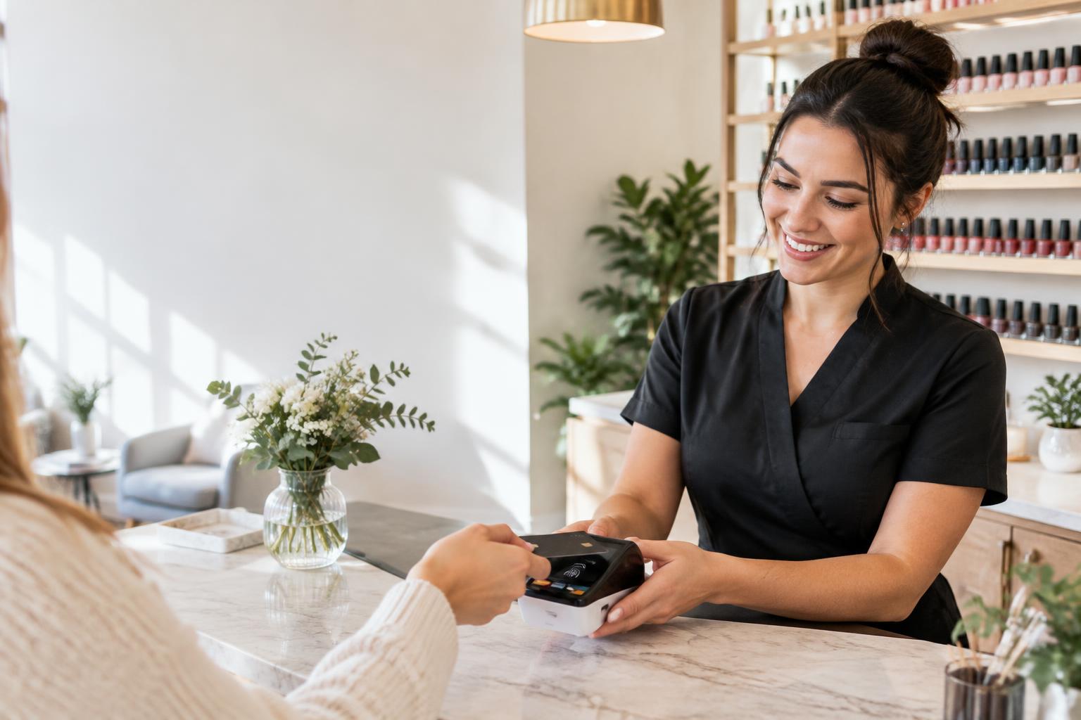 A nail studio taking a card payment at the front desk