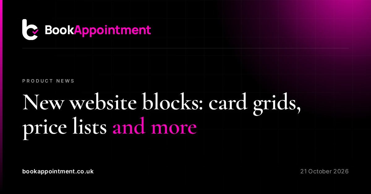 New website blocks: card grids, price lists, feature bands and logo strips — BookAppointment